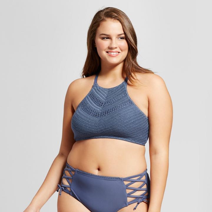 Women's Crochet High Neck Bikini Top - Xhilaration Indigo