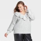 Women's Plus Size V-neck Ruffle Pullover Sweater - A New Day Gray