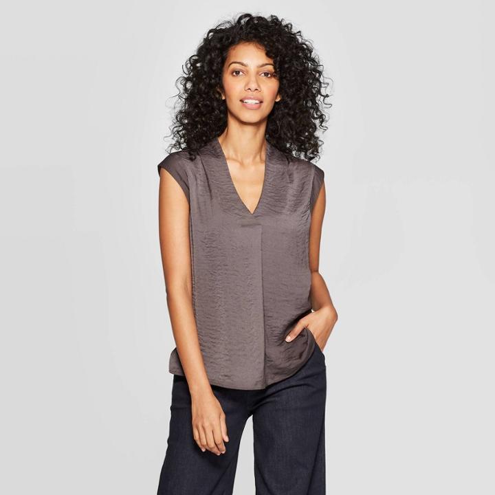 Women's Sleeveless V-neck Hammered Satin Blouse - A New Day Gray