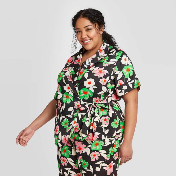 Women's Plus Size Floral Print Short Sleeve Side Tie Blouse - Who What Wear Black 1x, Women's,
