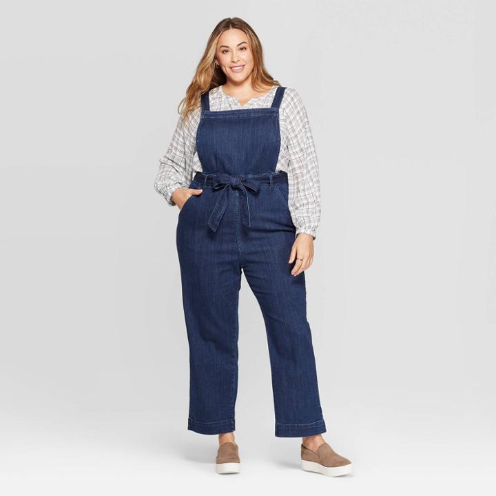 Women's Plus Size Sleeveless Square Neck Denim Jumpsuit - Universal Thread Dark Wash