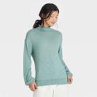 Women's Long Sleeve High Neck Smocked T-shirt - A New Day Turquoise Green