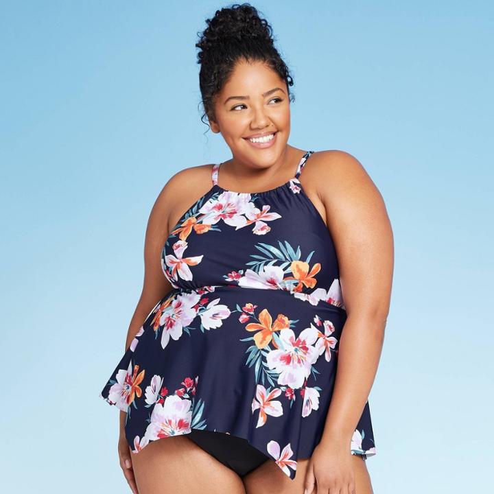 Women's Plus Size High Neck Shark-bite Hem Tankini Top - Kona Sol 14w, Women's, Blue