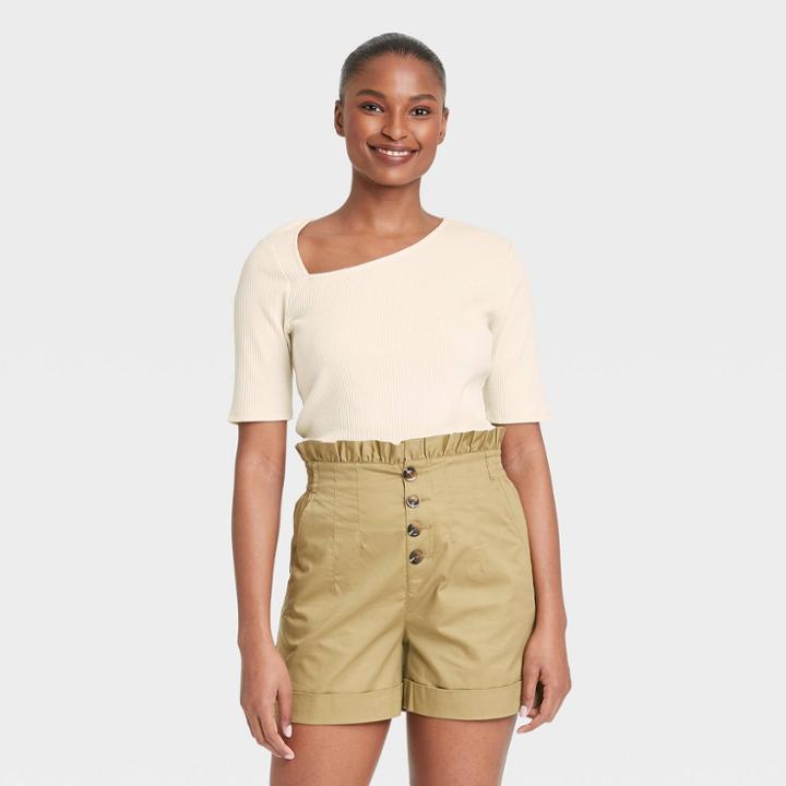 Women's Elbow Sleeve Asymmetrical Neck T-shirt - Who What Wear Cream