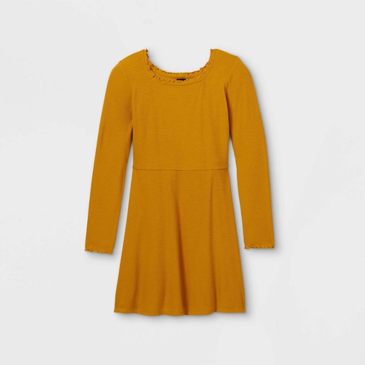 Girls' Square Neck Long Sleeve Knit Dress - Art Class Brown