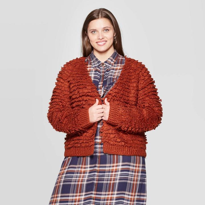 Women's Plus Size Long Sleeve Loopy Cardigan - Universal Thread Rust 1x,