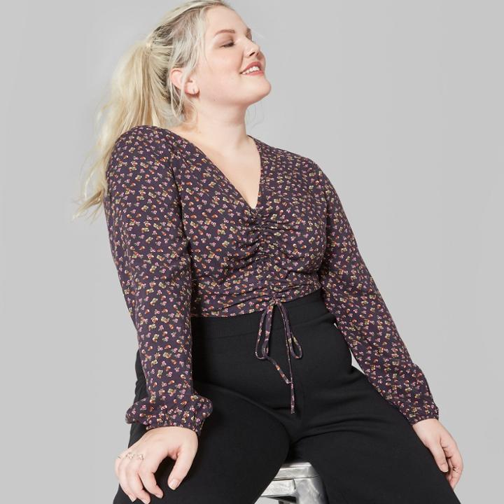 Women's Plus Size Floral Print Long Sleeve Ruched Front Top - Wild Fable Navy