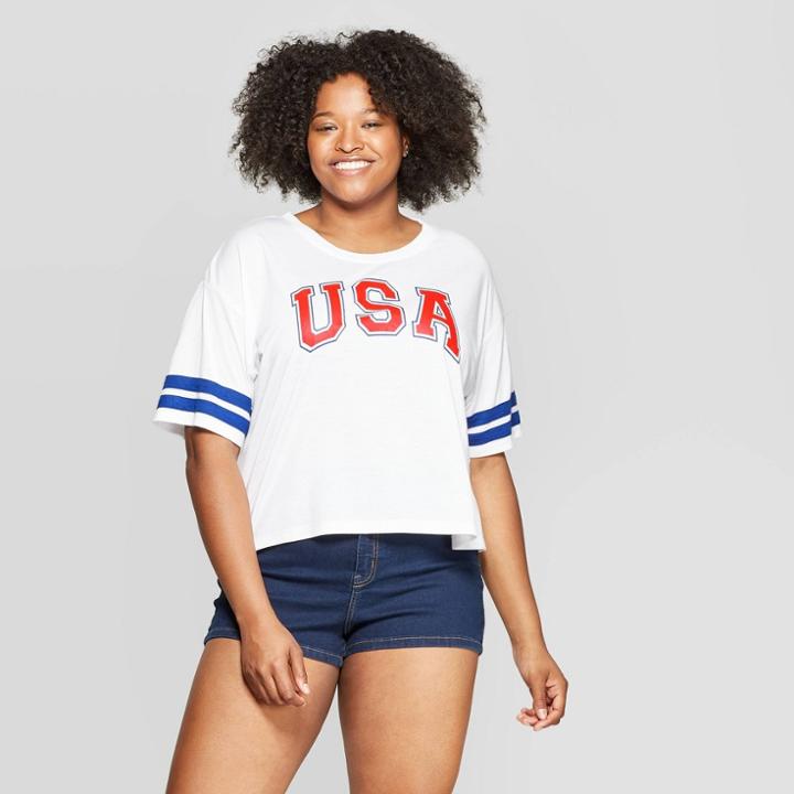 Women's Plus Size Short Sleeve Usa T-shirt - Modern Lux (juniors') - White