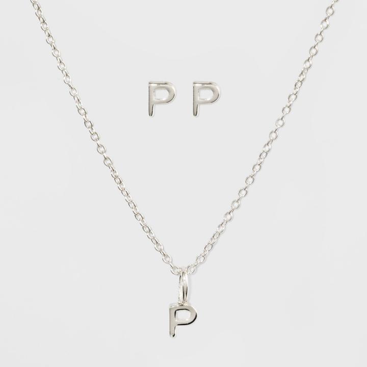 Sterling Silver Initial P Earrings And Necklace Set - A New Day Silver, Girl's,