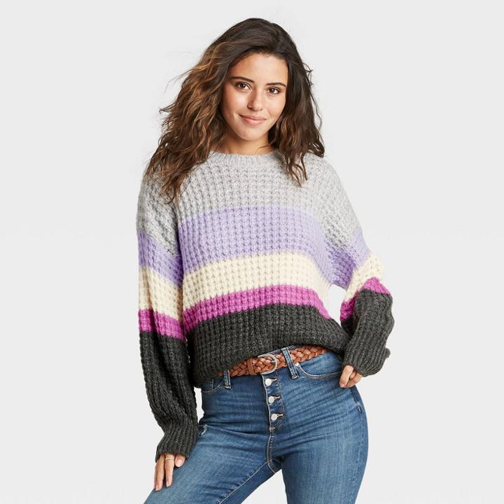 Women's Striped Crewneck Pullover Sweater - Universal Thread Charcoal Gray