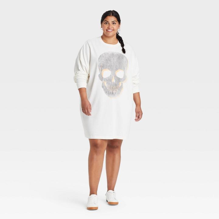 Grayson Threads Women's Plus Size Skull Long Sleeve Graphic Sweatshirt Dress - White