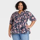 Women's Plus Size Short Sleeve Smocked Button-front Top - Knox Rose Navy Floral 1x, Blue Floral