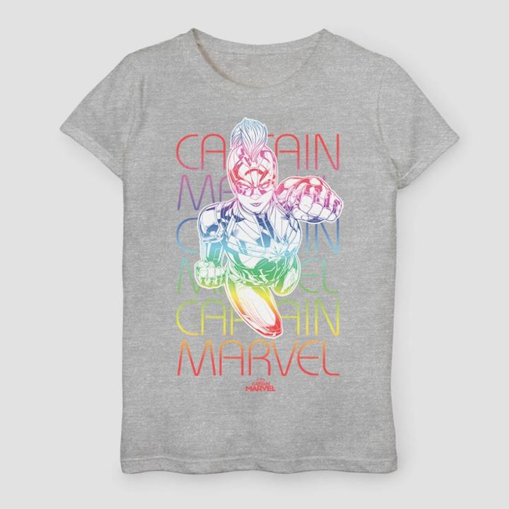 Girls' Captain Marvel Rainbow Power Short Sleeve T-shirt - Heather Gray