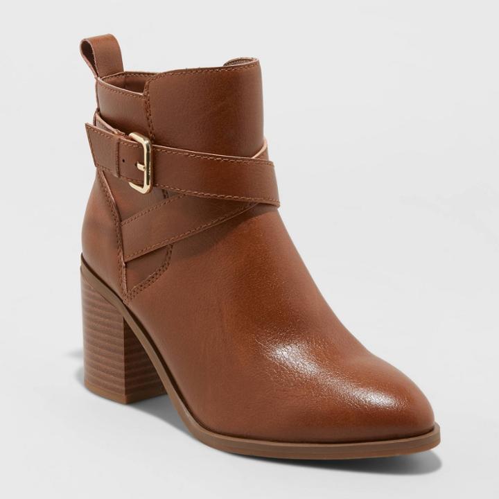 Women's Lottie Heeled Buckle Ankle Bootie - A New Day Cognac