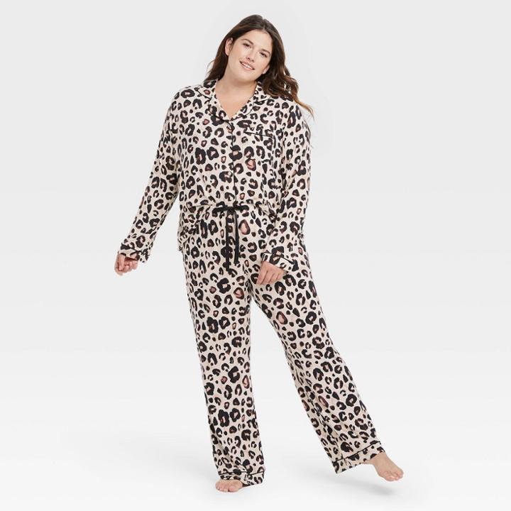 Women's Plus Size Leopard Print Beautifully Soft Long Sleeve Notch Collar Top And Pants Pajama Set - Stars Above