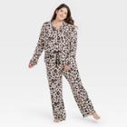 Women's Plus Size Leopard Print Beautifully Soft Long Sleeve Notch Collar Top And Pants Pajama Set - Stars Above
