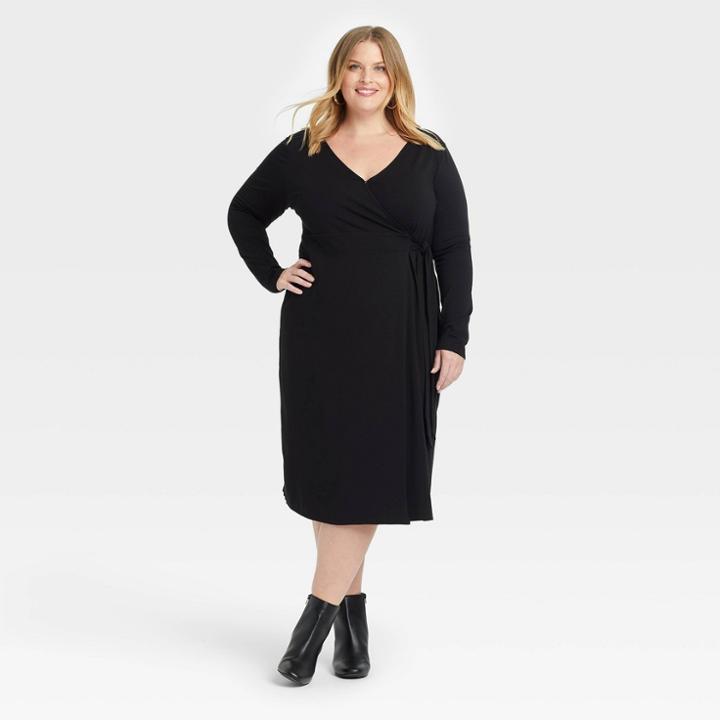 Women's Plus Size Long Sleeve Knit Wrap Dress - Ava & Viv Black