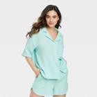 Women's 100% Cotton Short Sleeve Button-up Shirt - Stars Above Blue