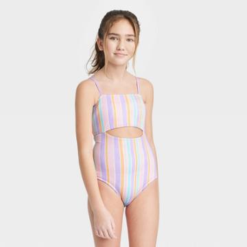 Girls' Pastel Printed Striped One Piece Swimsuit - Art Class