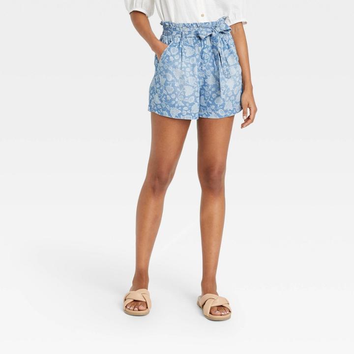 Women's Mid-rise Paperbag Shorts - Knox Rose Light Blue Paisley