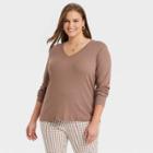 Women's Plus Size Long Sleeve V-neck Rib T-shirt - A New Day Brown