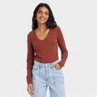 Women's Long Sleeve Ribbed Scoop Neck T-shirt - A New Day Brown
