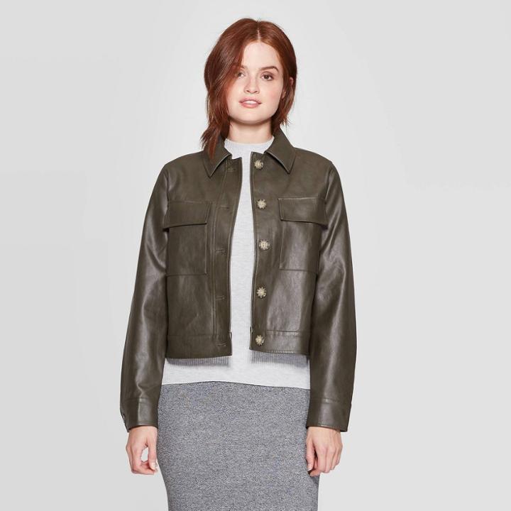 Women's Long Sleeve Boxy Leather Jacket - Prologue Olive Xs, Women's, Brown