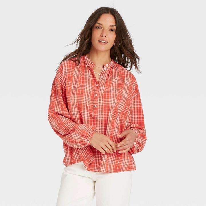 Women's Balloon Long Sleeve Poet Top - Universal Thread Red Plaid