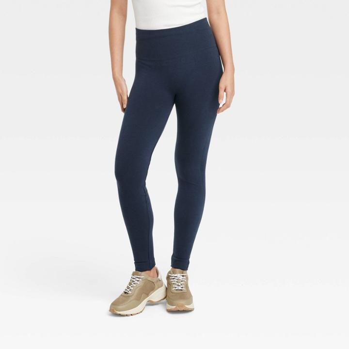 Women's High-waist Cotton Seamless Fleece Lined Leggings - A New Day Navy