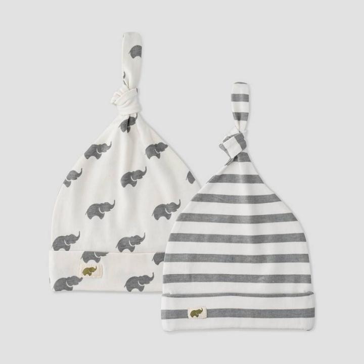 Layette By Monica + Andy Baby 2pk Striped And Elephant Print Top Knot Hat - Gray