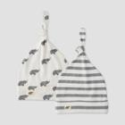 Layette By Monica + Andy Baby 2pk Striped And Elephant Print Top Knot Hat - Gray