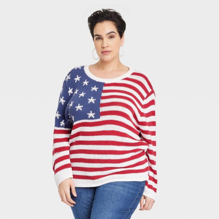 Grayson Threads Women's Plus Size American Flag Graphic Knit Sweater - 1x, One Color
