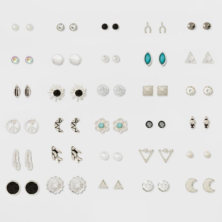 Target Thirty Pack With Moon, Glitter Paper And Stone Earring Set - Rhodium, Dark