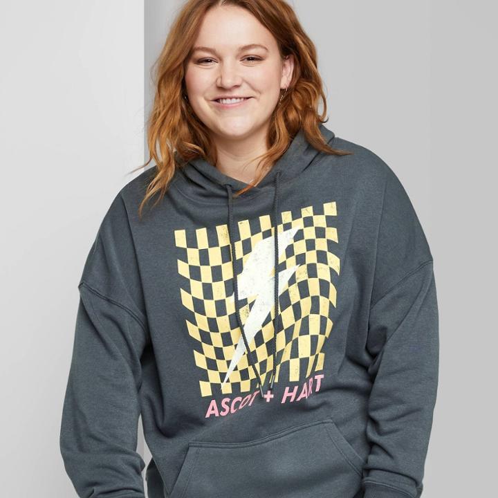 Women's Plus Size Ascot + Hart Lighting Bolt Hooded Graphic Sweatshirt - Gray