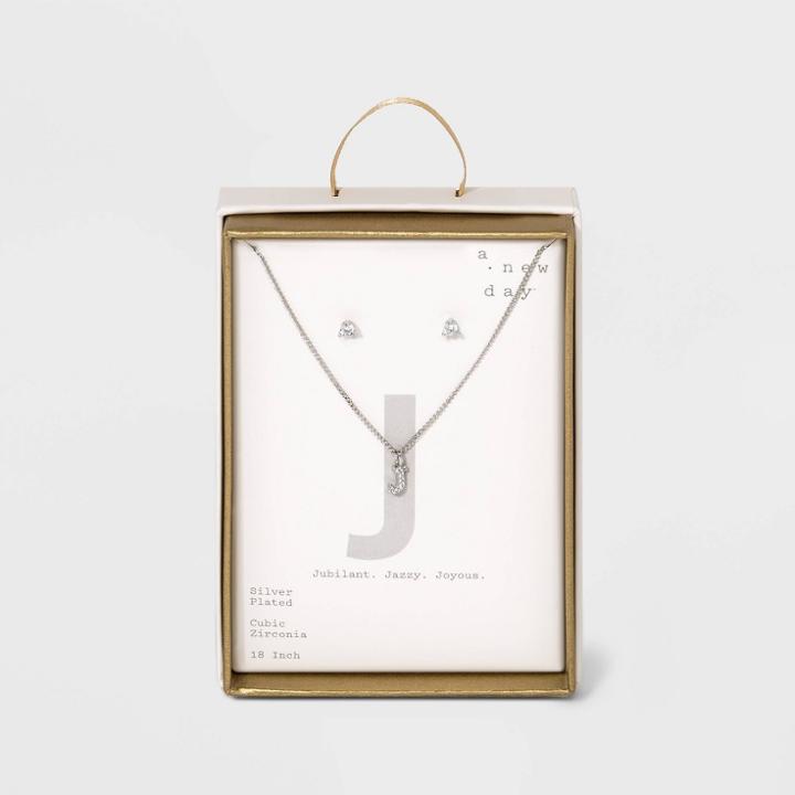 Silver Plated Cubic Zirconia Pave Initial Pendant Necklace And Earring Set - A New Day Initial J