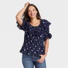 Women's Ruffle Short Sleeve Eyelet Peplum Blouse - Universal Thread Navy Blue Floral