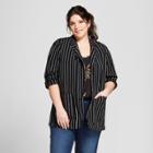 Women's Plus Size Striped Linen Blazer - A New Day Black/cream