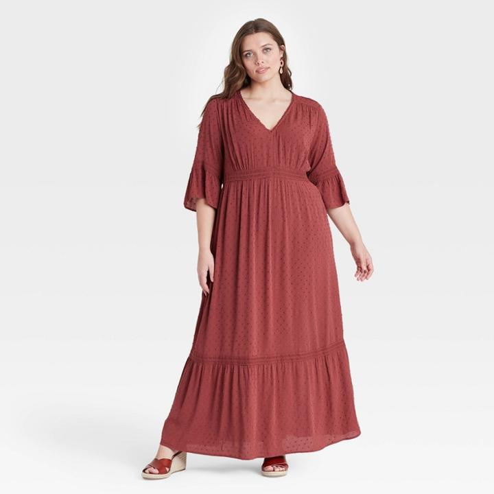 Women's Plus Size 3/4 Sleeve Clip Dot Dress - Knox Rose Burgundy