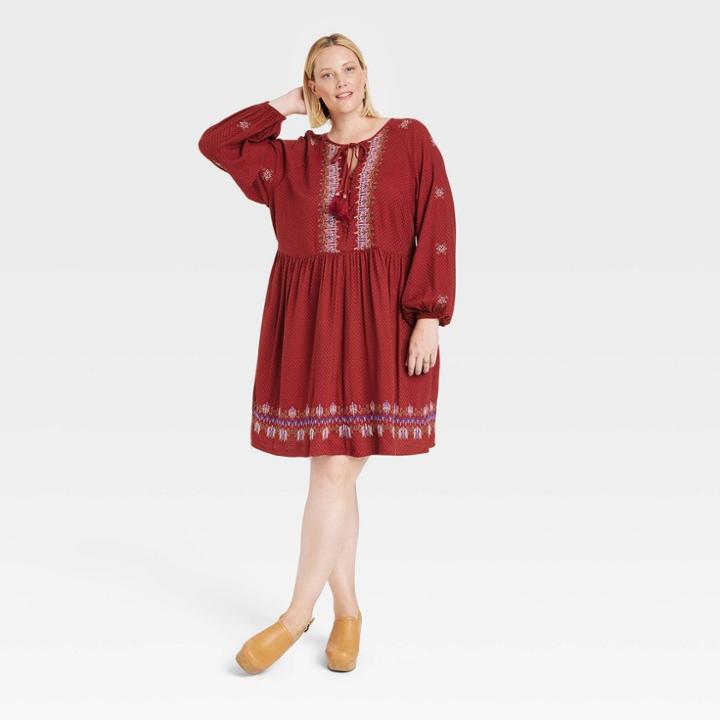 Women's Plus Size Balloon Long Sleeve Embroidered Dress - Knox Rose