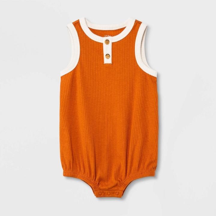 Baby Ribbed Henley Bubble Romper - Cat & Jack Rust Orange Newborn