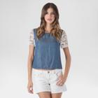 S&p By Standards & Practices Women's Lightweight Denim Top With Lace Sleeves - Blue