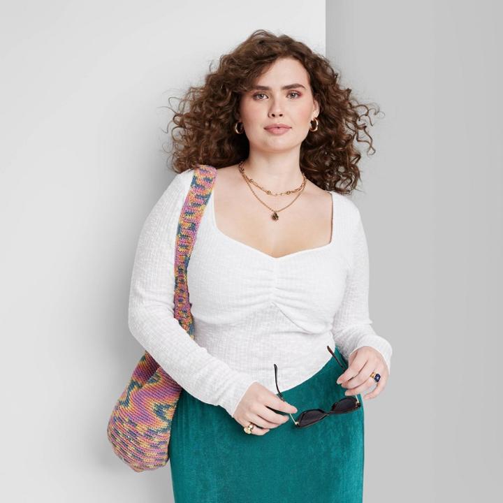 Women's Plus Size Long Sleeve Fitted Sweetheart Neck T-shirt - Wild Fable White