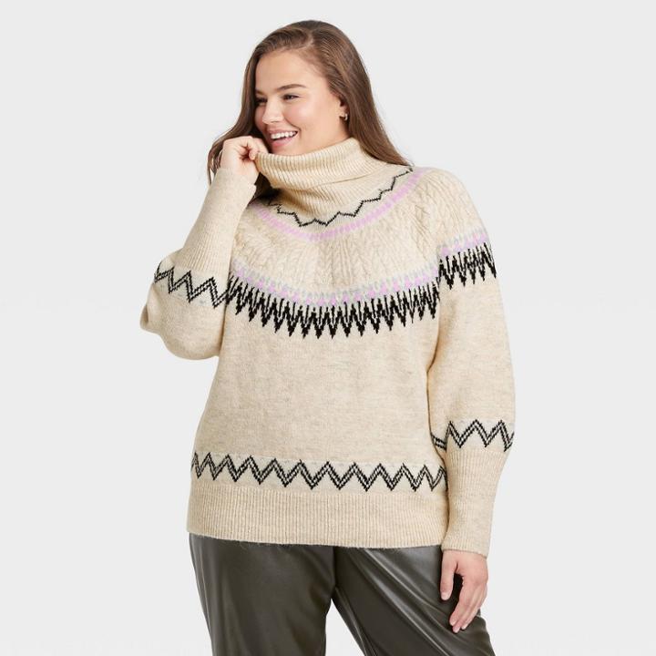 Women's Plus Size Turtleneck Pullover Sweater - A New Day Oatmeal Fair Isle