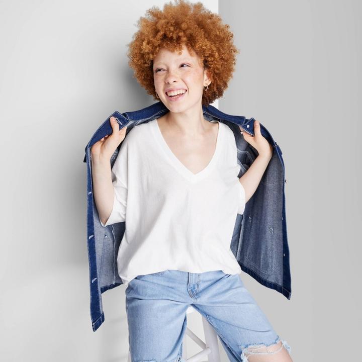 Women's Short Sleeve Relaxed Fit V-neck T-shirt - Wild Fable White Xxs