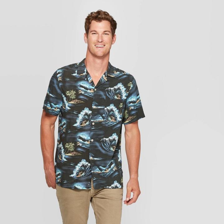 Men's Surf Print Standard Fit Button-down Shirt - Goodfellow & Co Green S, Men's,