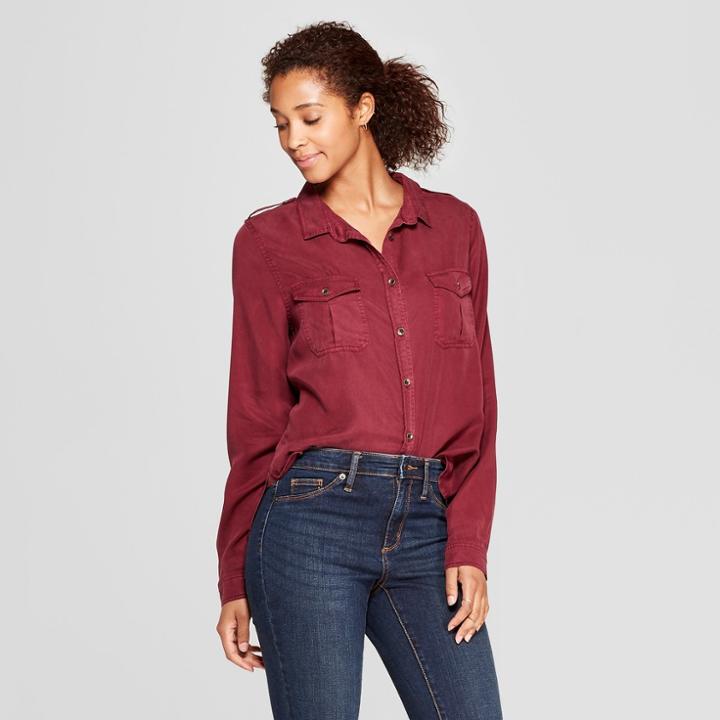 Women's Long Sleeve Soft Twill Button-down Shirt - Universal Thread Rose (pink)
