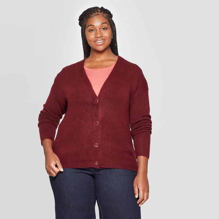 Women's Plus Size Long Sleeve Open Layering Button Front Cardigan - Ava & Viv Burgundy 2x,