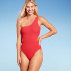Women's Pucker Textured One Shoulder One Piece Swimsuit - Shade & Shore Coral Red