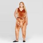 Women's Plus Size Sleeveless V-neck Velour Jumpsuit - Ava & Viv Brown X, Women's