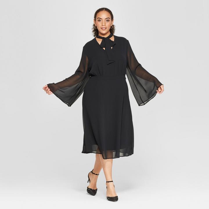 Women's Plus Size Long Sleeve Tie Neck Midi Dress - Who What Wear Black